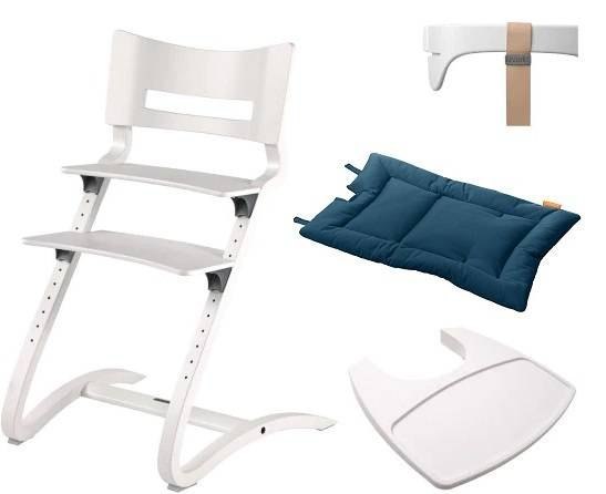 Leander - Krzesełko do karmienia + barierka, tacka Classic™ White + poduszka Dark Blue